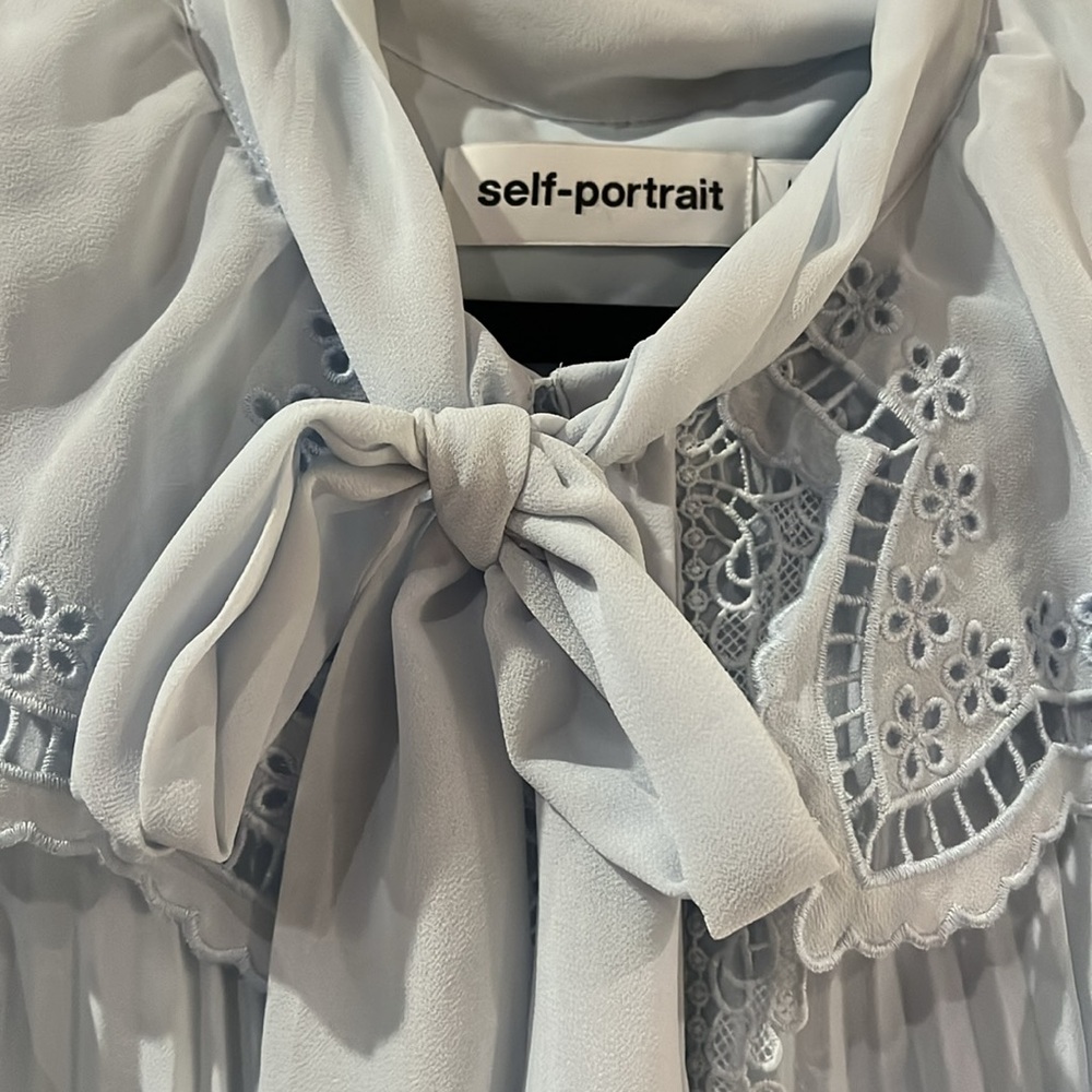 SELF-PORTRAIT Broderie Collar Chiffon Mini Dress In Light Blue - Picture 6 of 8